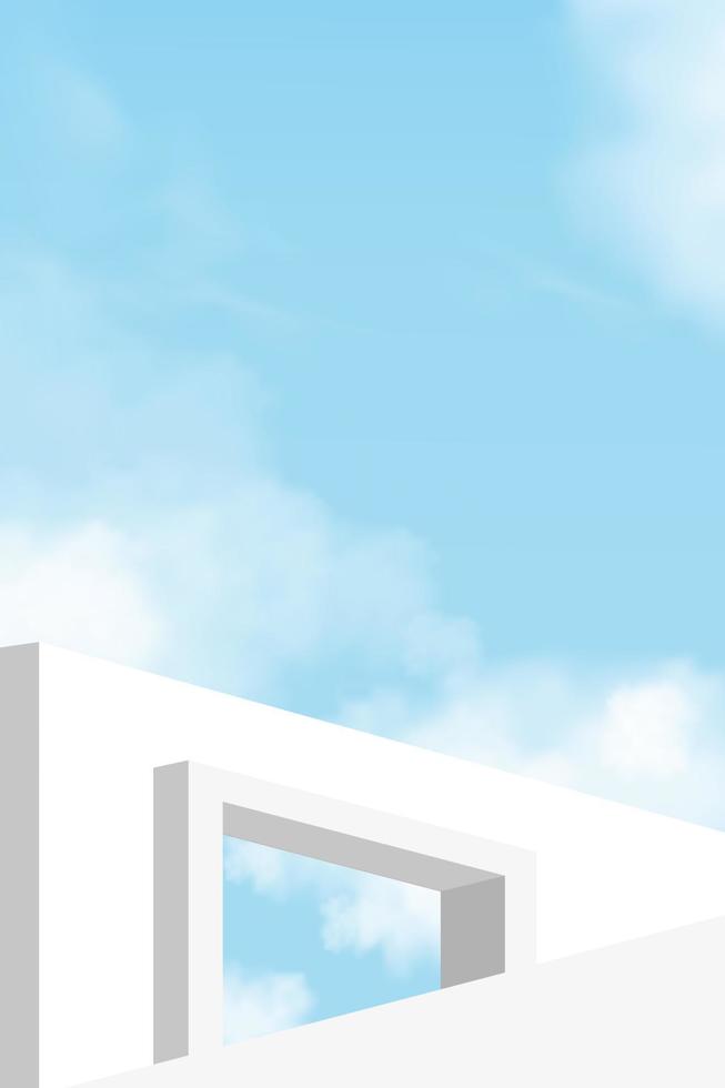 muur beton met 3d Open venster tegen blauw lucht en wolken, buitenkant op het dak wit cement gebouw, mier visie minimaal modern architectuur. met zomer lucht backdrop achtergrond voor lente, zomer vector