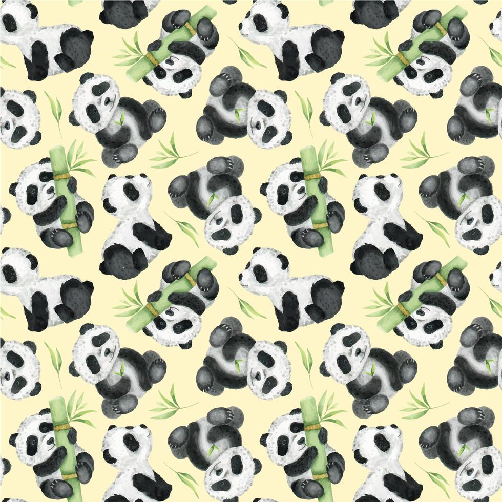 schattig panda's en bamboe Aan een geel achtergrond. waterverf naadloos patroon. kinderen tropisch tekening van een schattig panda. voor textiel, omhulsel papier, groet kaarten vector