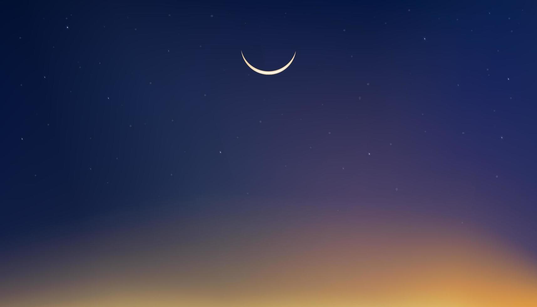 nacht lucht met halve maan maan en ster Aan donker blauw, oranje geel lucht achtergrond, vector islamitisch, moslims religie maand van genereus ramadan, nieuw maan, gebed tijd.eid mubarak, eid al adha,eid al fitr