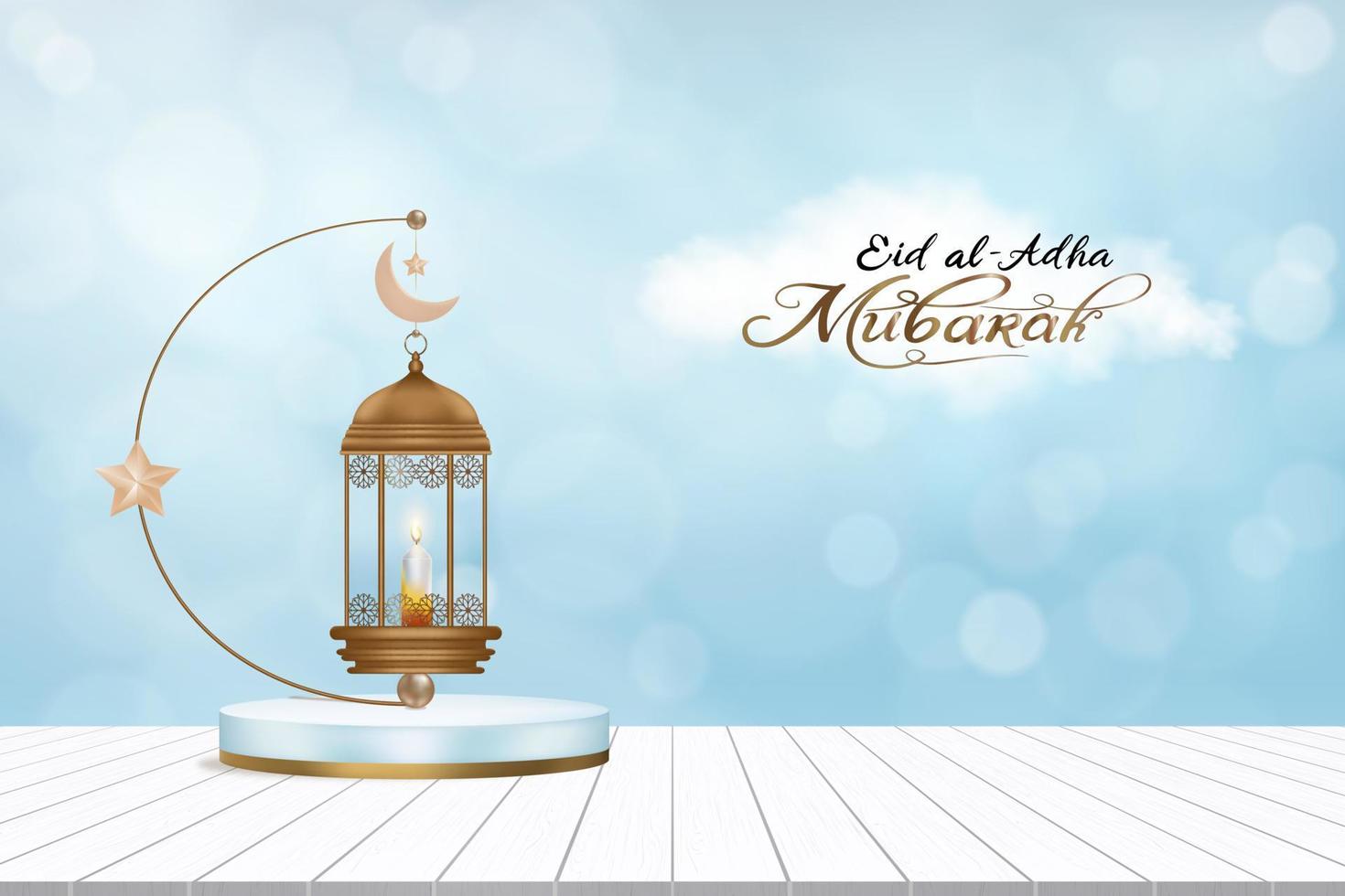 eid al adha mubarak kaart, traditioneel Islamitisch lantaarn, halve maan maan, 3d podium Aan hout tafel over- blauw lucht achtergrond.vector religie van moslim symbolisch voor eid al fitr, Ramadan kareem, eid mubarak vector