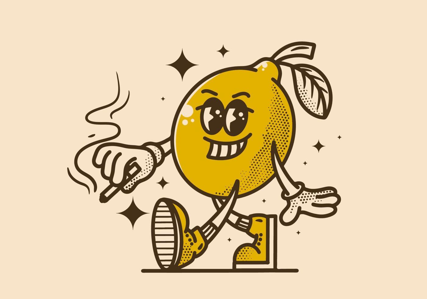 wijnoogst mascotte karakter van wandelen citroen fruit vector