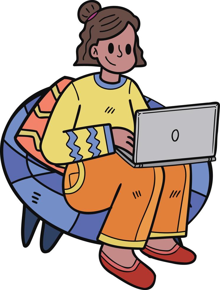 tiener- bedrijf vrouw zittend Bij werk met laptop illustratie in tekening stijl vector