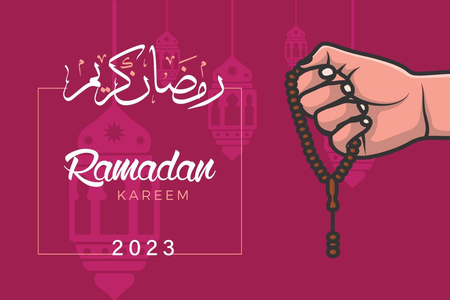 hand- Holding chaplet van kralen en Ramadan kareem schoonschrift vector achtergrond illustratie. Islamitisch vakantie icoon concept. Ramadan kareem lantaarn lamp in achtergrond icoon ontwerp.