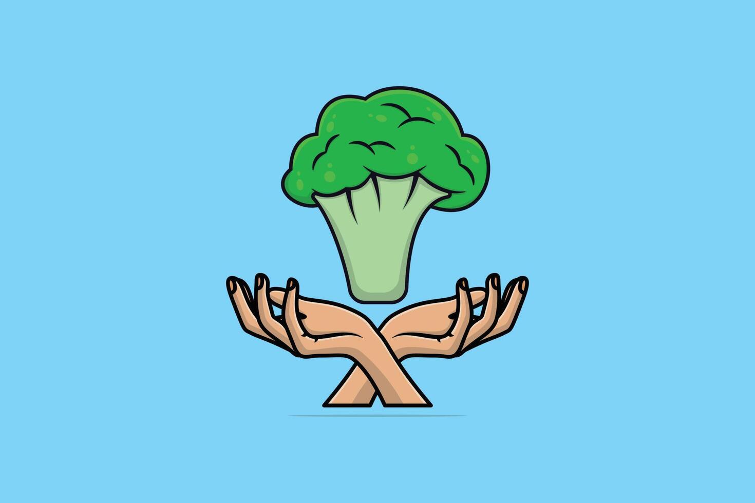 vers broccoli met mensen handen vector illustratie. voedsel natuur icoon concept. tuin vers groente voedsel broccoli en handen vector ontwerp. Afdeling van broccoli kool met hand- icoon logo.