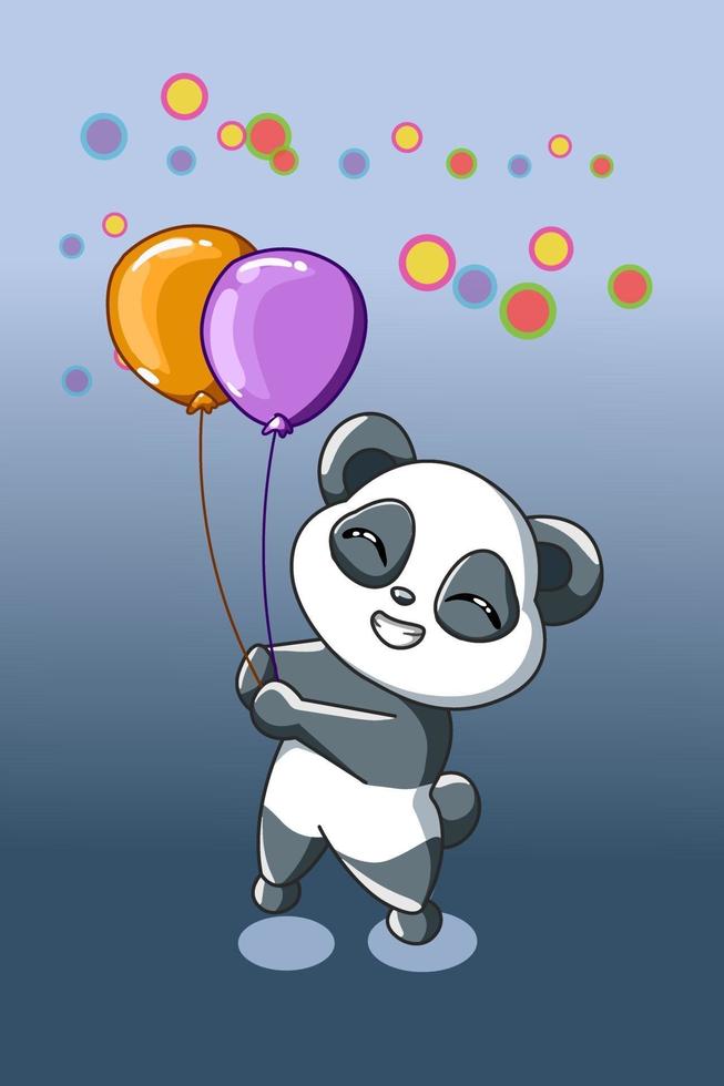 een kleine panda brengt twee ballonnenillustratie vector