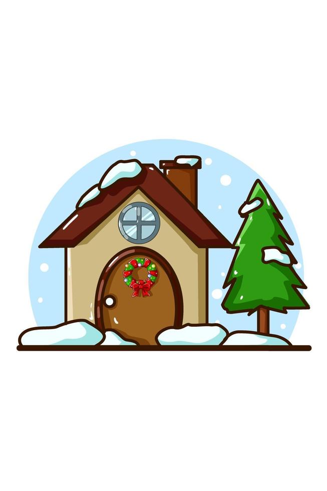 een huis met sparrenboom in de kersttijd vector