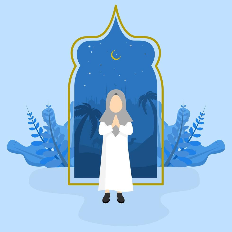 eid mubarak illustratie met moskee silhouet en een moslim karakter, eid mubarak groet poster, uitnodiging sjabloon, sociaal media, enz. eid mubarak vlak vector illustratie.