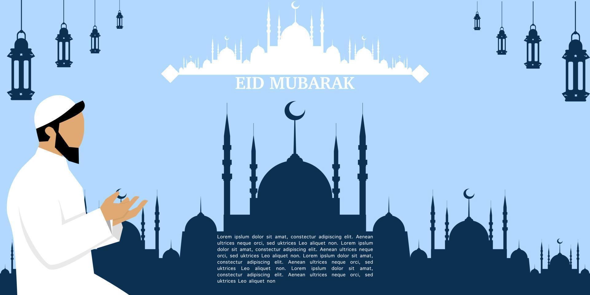 eid mubarak illustratie met moskee silhouet en een moslim karakter, eid mubarak groet poster, uitnodiging sjabloon, sociaal media, enz. eid mubarak vlak vector illustratie.