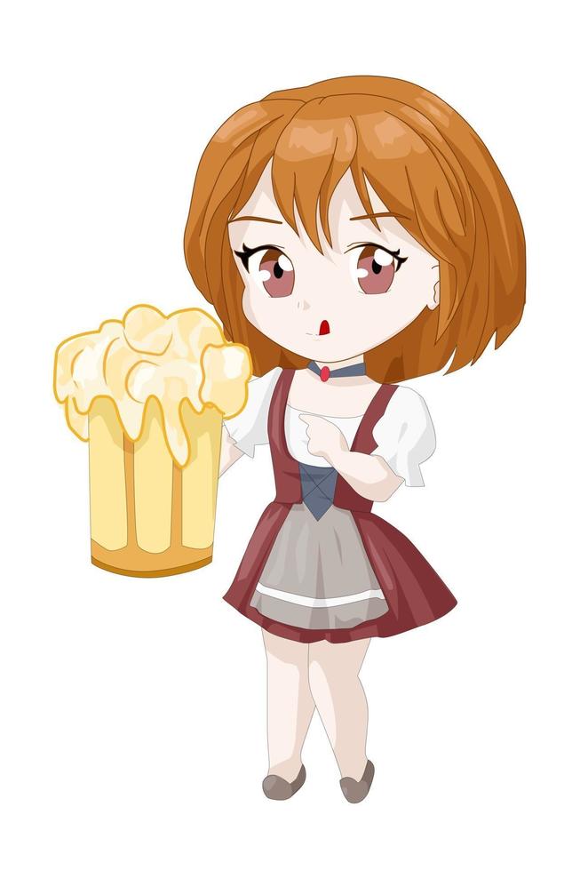 chibi anime, bruin haar meisje met rode en grijze jurk met bier vector