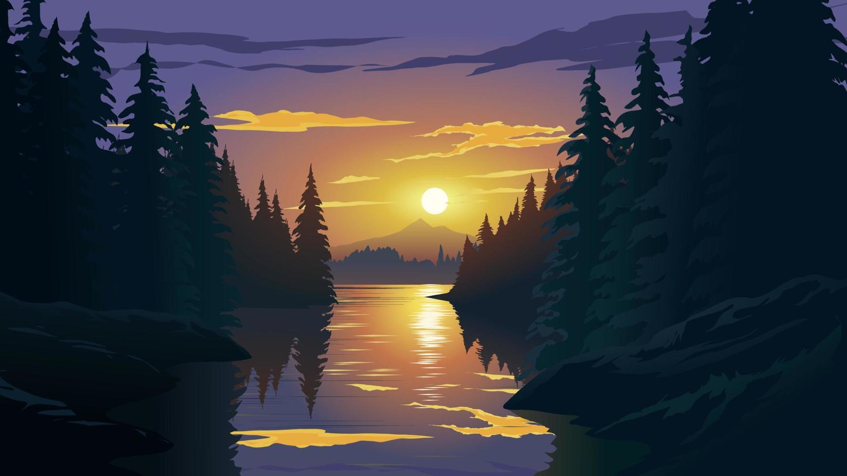 mooi dramatisch zonsondergang illustratie met rivier- en Woud vector