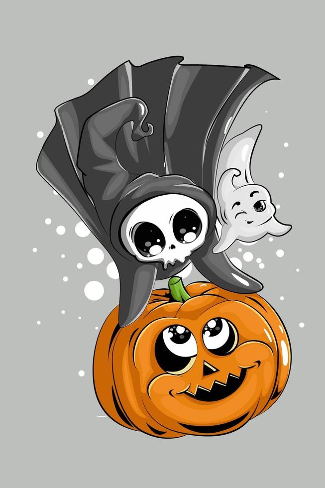 een kleine schattige schedel en een klein spook met plezier met pompoen halloween vector