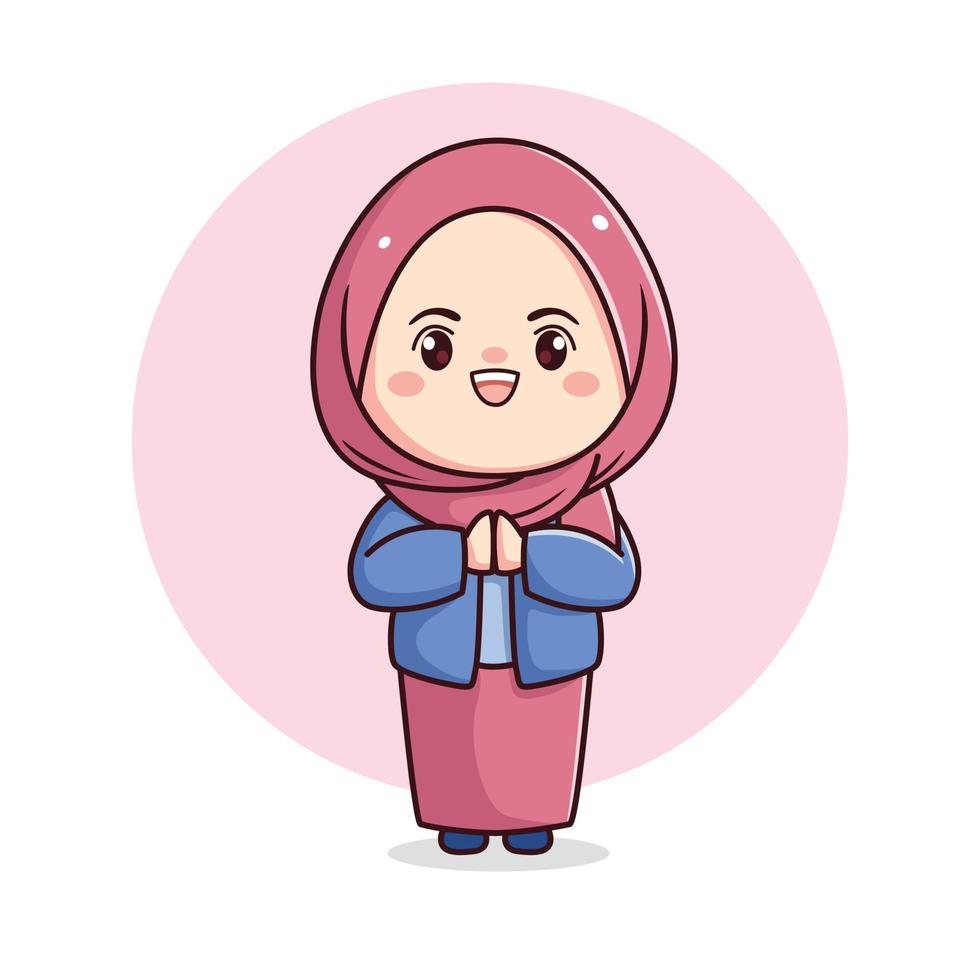 schattig hijab meisje in Sorry en verontschuldiging houding kawaii chibi vector