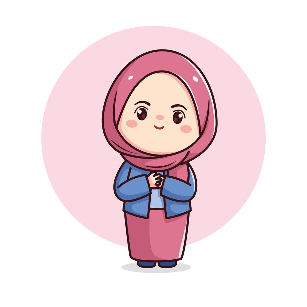 schattig hijab meisje gevoel dankbaar kawaii chibi vector