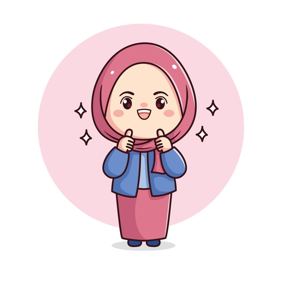 schattig hijab meisje met duimen omhoog kawaii chibi vector