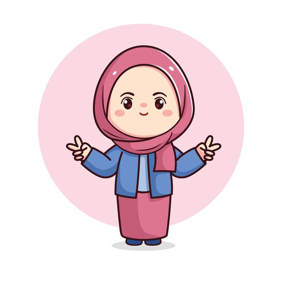 schattig hijab meisje met vrede teken in blauw en roze jurk kawaii chibi vector