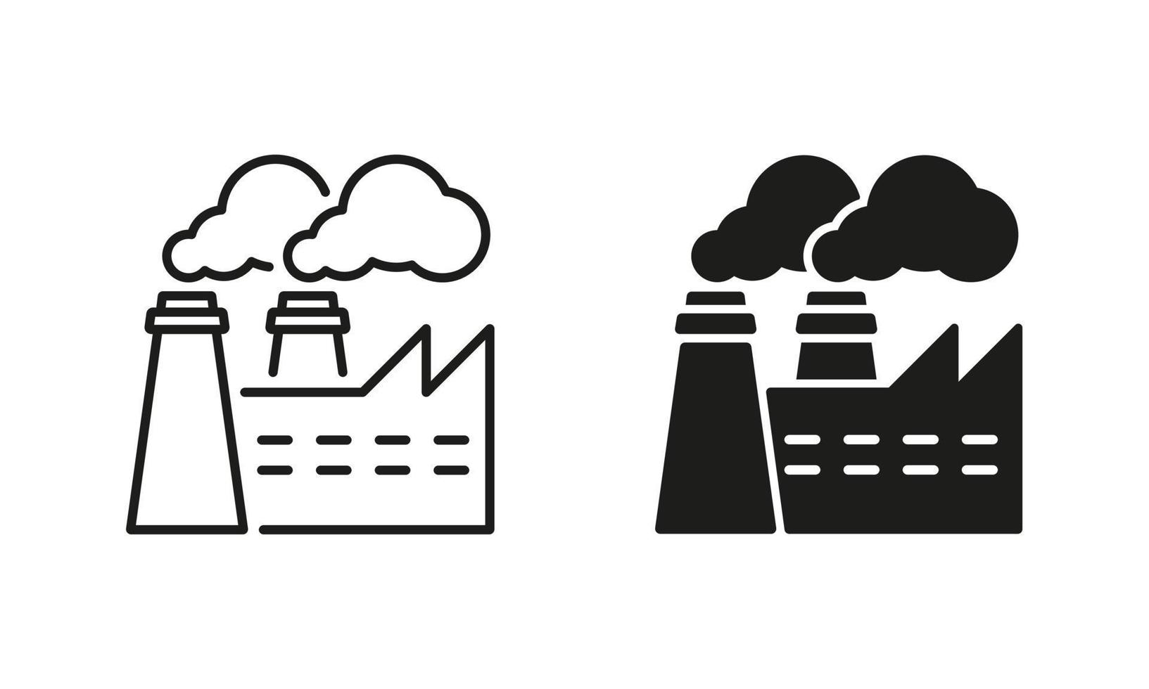 macht station elektriciteit energie lijn en silhouet icoon set. industrie gebouw met rook. macht fabriek symbool verzameling Aan wit achtergrond. fabriek vervuiling. geïsoleerd vector illustratie.