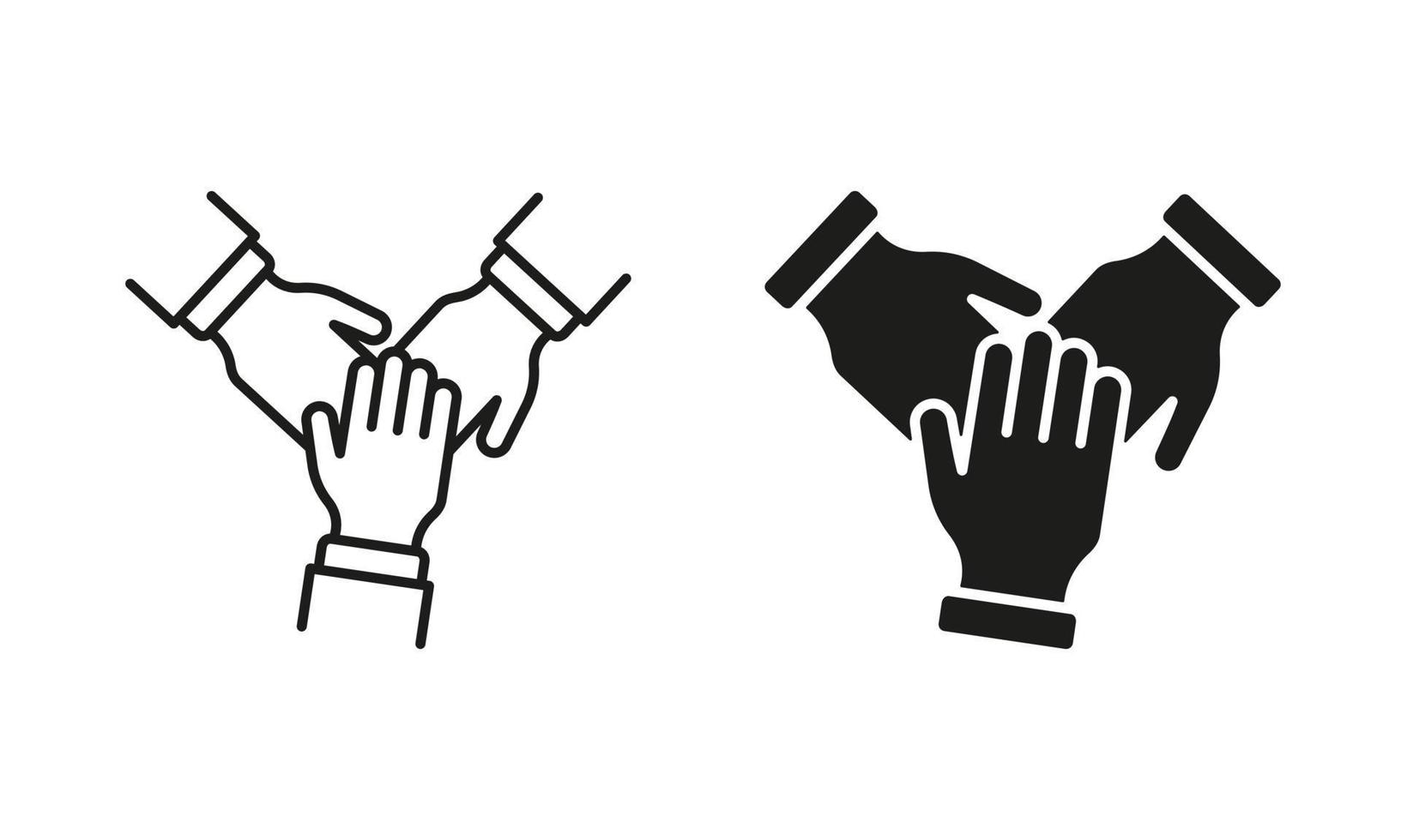 samenspel alliantie, vennootschap en helpen. hand- samen silhouet en lijn icoon set. samenwerking groep, team baan pictogram. bedrijf deelname icoon. bewerkbare hartinfarct. geïsoleerd vector illustratie.