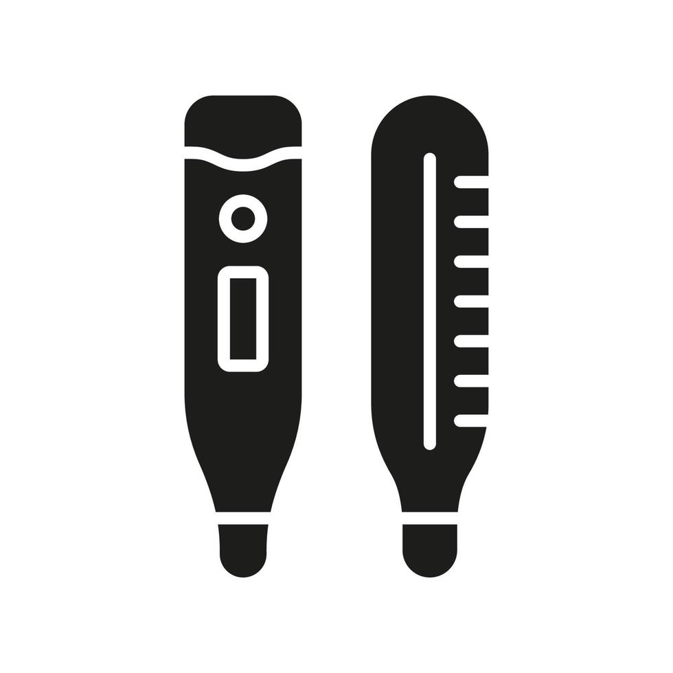 elektronisch en kwik thermometer silhouet icoon. temperatuur meting medisch gereedschap glyph pictogram. medicijnen diagnose instrument, Gezondheid controle teken. geïsoleerd vector illustratie.