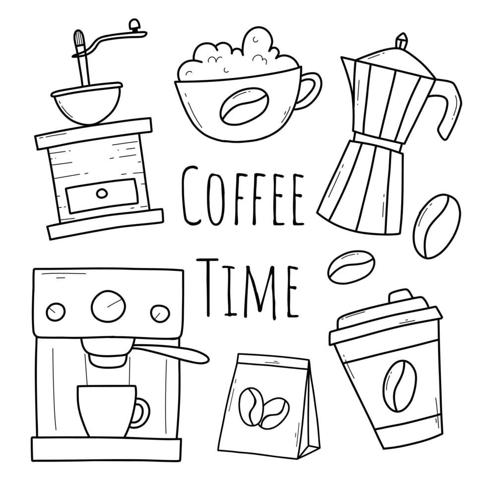reeks van koffie in tekening stijl. lineair verzameling van elementen voor maken koffie. vector illustratie. koffie tijd. koffie Slijper, maker, machine, bonen, kop.