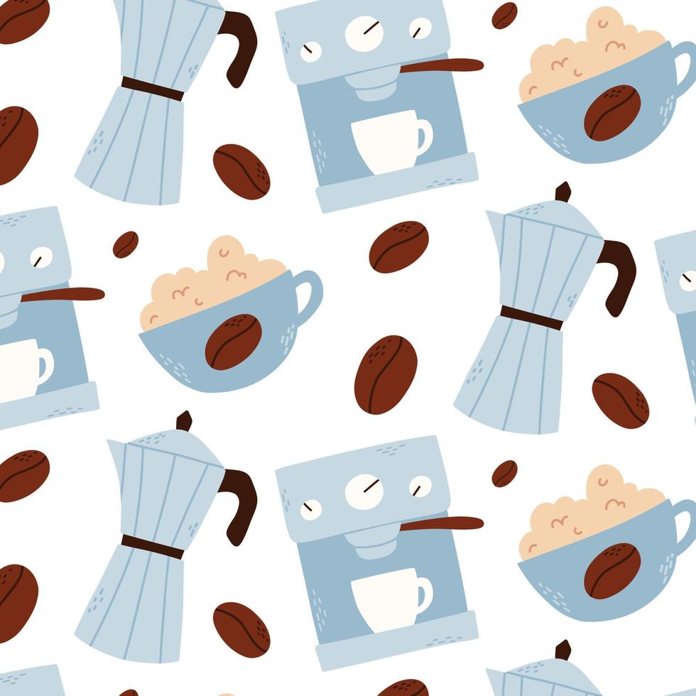 naadloos patroon met een kop van koffie, granen. koffie maker en machine. vlak stijl. vector illustratie. keuken afdrukken.