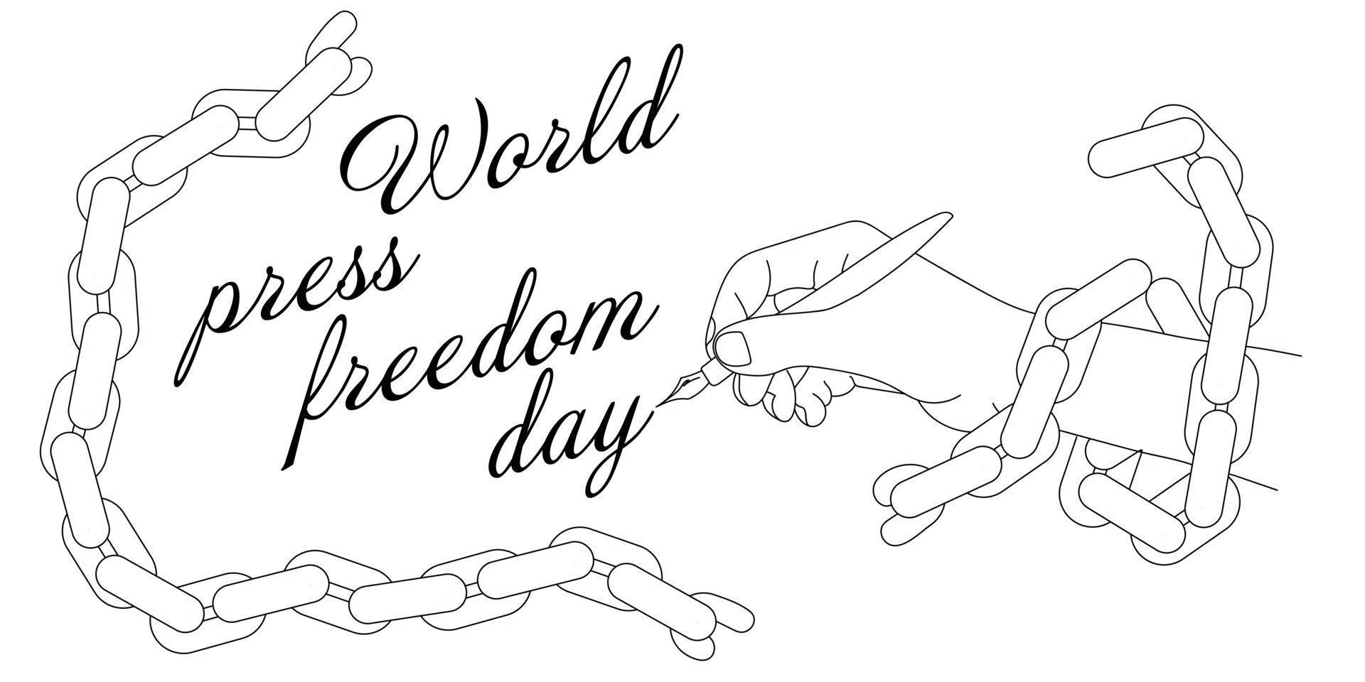 banier voor de wereld druk op vrijheid dag -kunnen 3. een contour tekening van een hand- gedekt met een keten met een fontein pen schrijft een inscriptie. zwart en wit illustratie. een gemakkelijk banier naar afdrukken vector