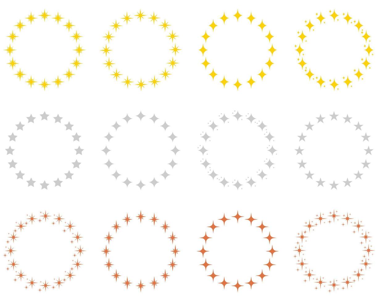 sterren in cirkel vorm silhouet icoon set. ronde prijs kader met goud, zilver en bronzen sterren pictogram. circulaire decor ornament icoon Aan wit achtergrond. geïsoleerd vector illustratie.