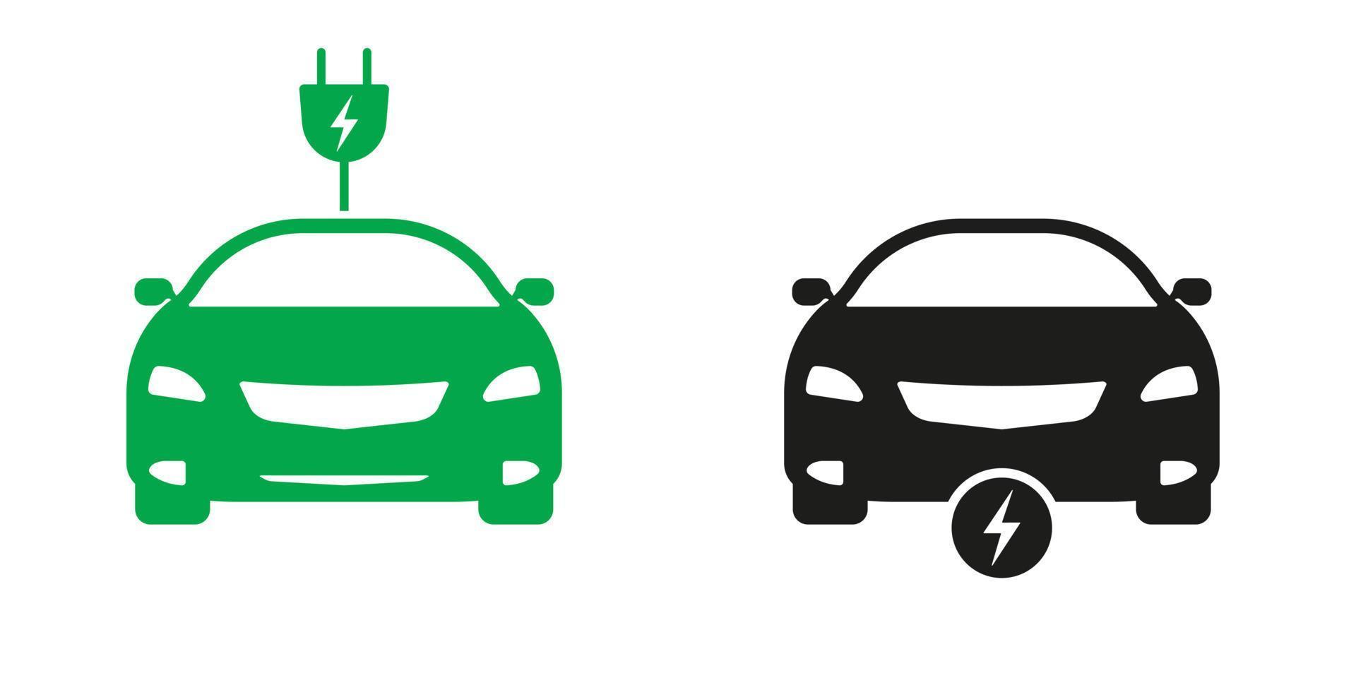 eco hybride vervoer solide teken set. elektrisch auto met plug ecologie voertuig glyph icoon. ev vervoer. elektro voertuig met oplader silhouet pictogram. geïsoleerd vector illustratie.