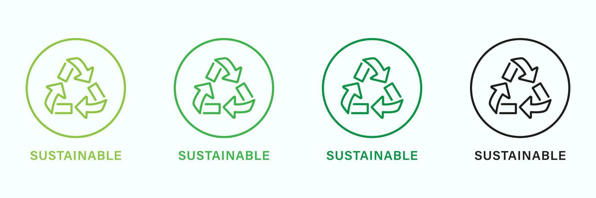 duurzame lijn groen en zwart icoon set. duurzaamheid natuur pictogram. eco recycle icoon. duurzame pijl symbool. biologisch afbreekbaar voedsel Product zegel. nul verspilling teken. geïsoleerd vector illustratie.