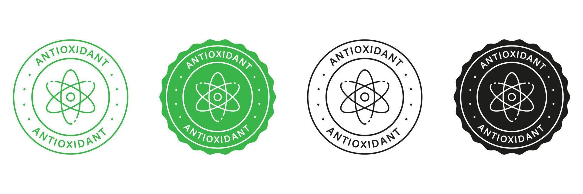 natuurlijk antioxidant postzegels set. gezond biologisch natuurlijk producten groen en zwart etiketten. antioxidant moleculair cel logo. antioxidant ontgiften symbool. geïsoleerd vector illustratie.