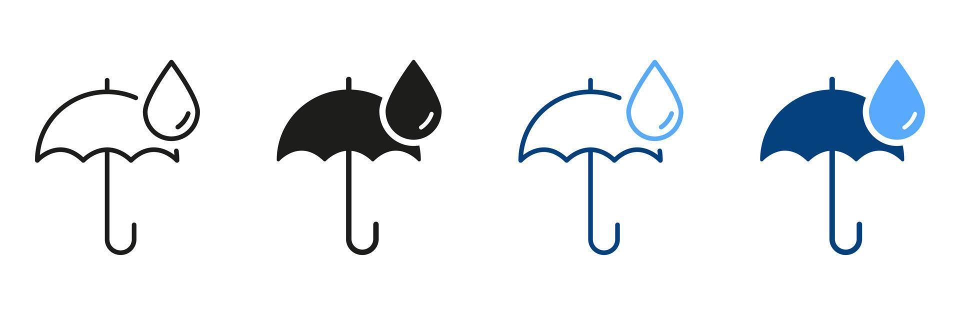 paraplu beschermend van regen silhouet en lijn icoon set. paraplu met laten vallen teken. regen concept zwart en kleur pictogram verzameling. geïsoleerd vector illustratie.