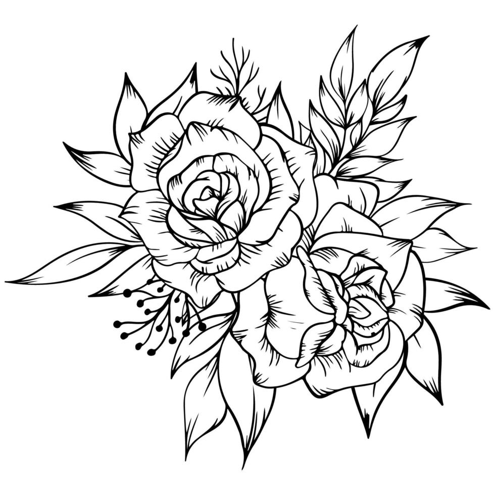mooi schets zwart en wit roos en bladeren vector