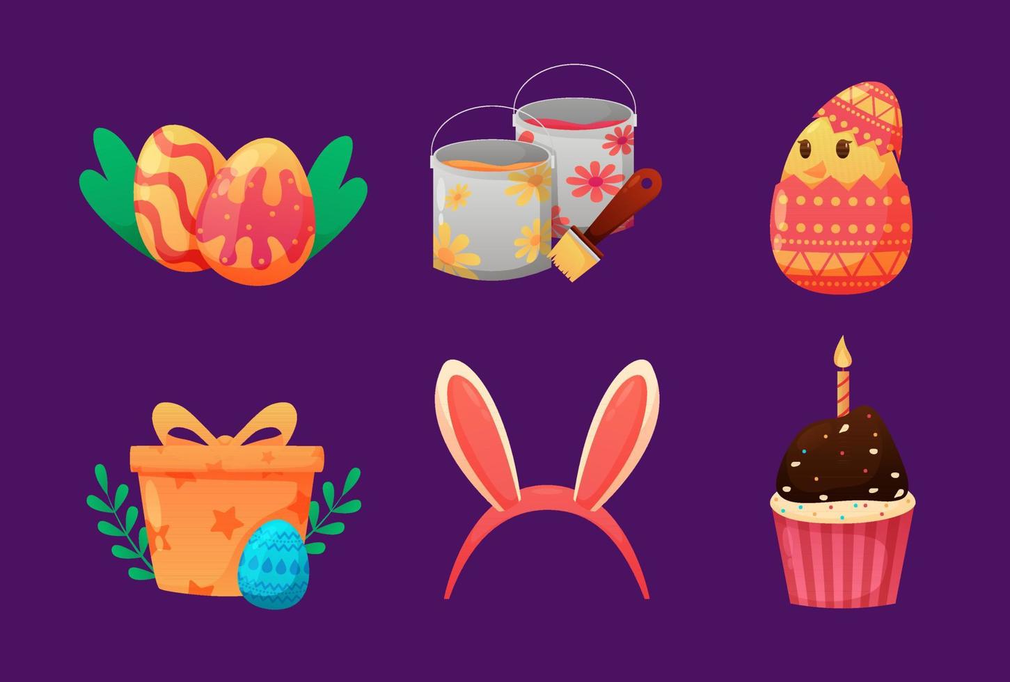 gelukkig Pasen ontwerp element met eieren, verf, uitgebroed ei, geschenkdoos, konijn oren en taart. vector