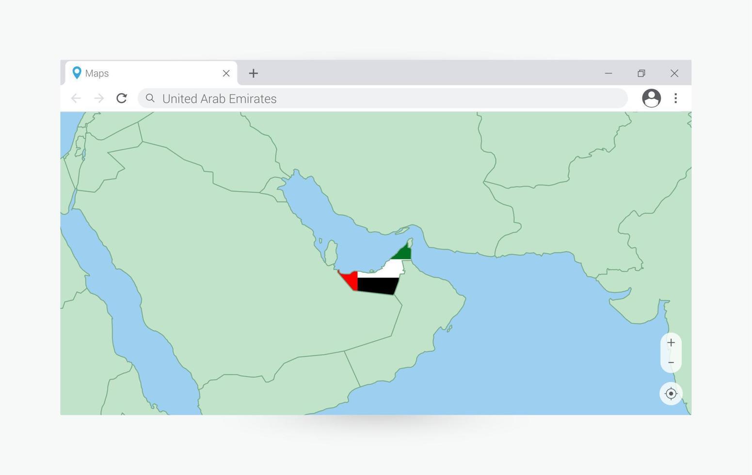 browser venster met kaart van Verenigde Arabisch emiraten, zoeken Verenigde Arabisch emiraten in internetten. vector