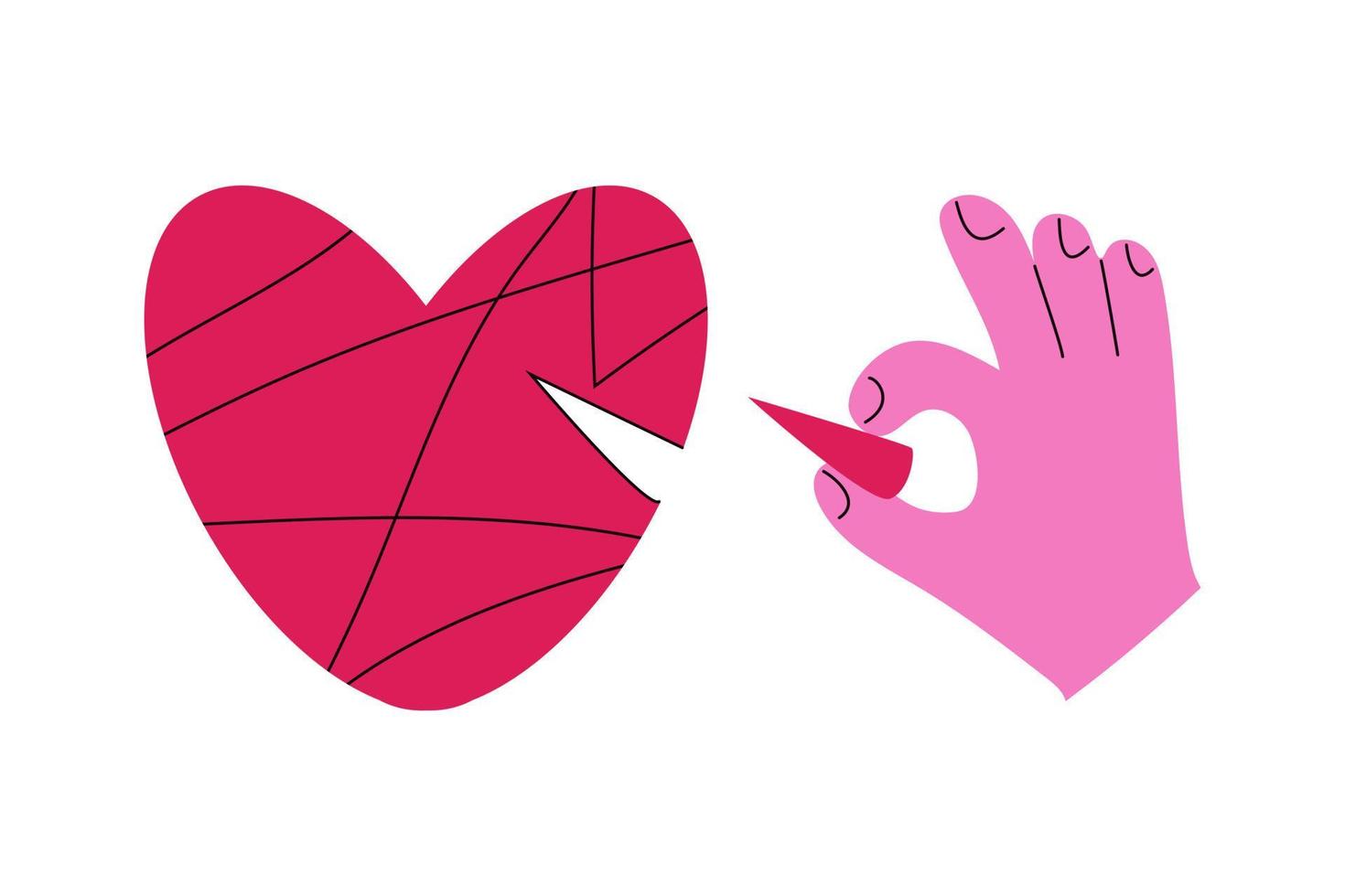 hand- zet stuk van hart in plaats. verzoening concept. rood gebroken hart. herstellen liefde. gebroken hart, herstel. vector illustratie