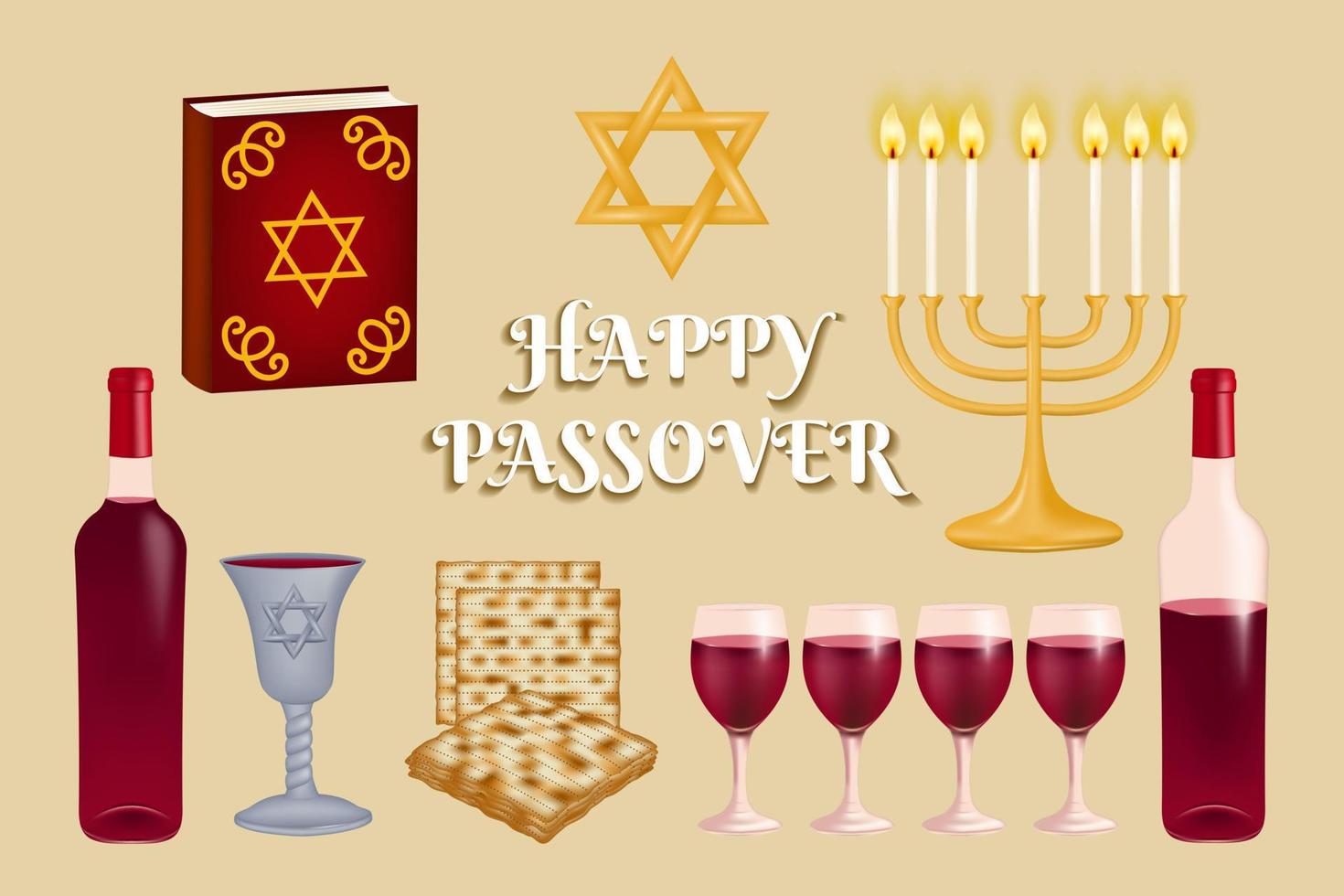 reeks Kenmerken een verzameling van Joods symbolen voor de vakantie van gelukkig pascha. ster van david, matza, rood wijn, Kidoesj beker, haggadah, en Chanoekia menora. vector pictogrammen set.