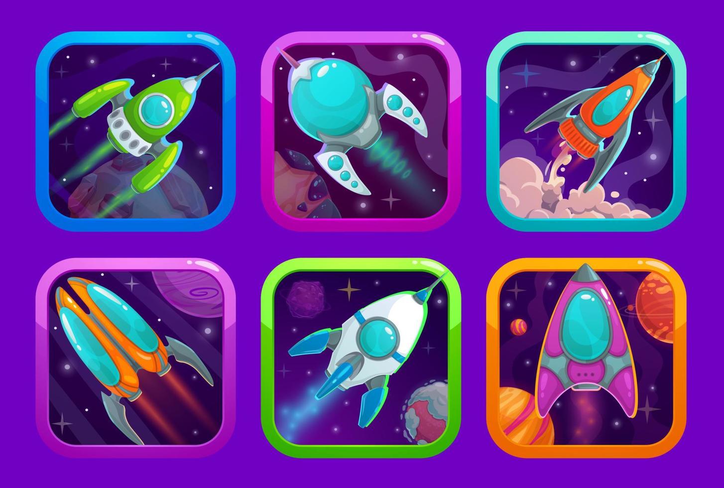 tekenfilm ruimte spel app pictogrammen, ruimteschip raketten vector
