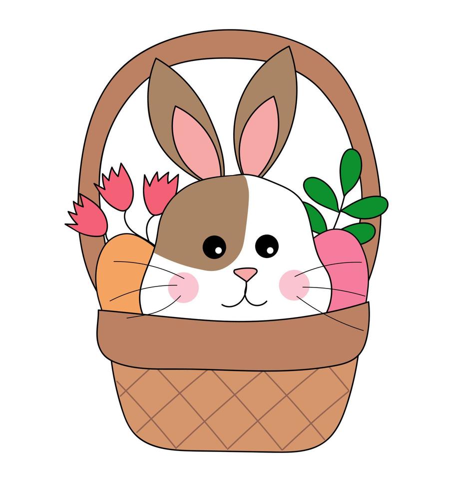 Pasen konijn. de konijn zit in mand met bloemen en eieren. illustratie vector dieren voor pictogrammen, stickers, ansichtkaarten.