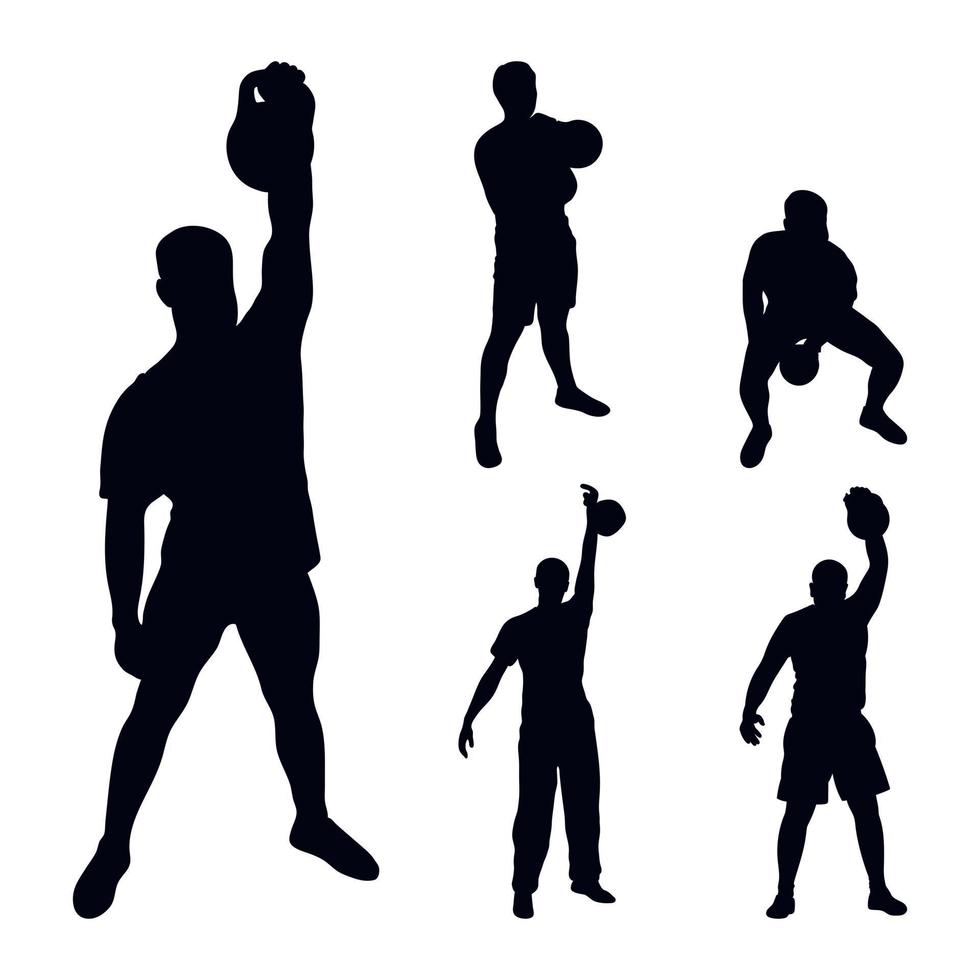 reeks silhouetten atleten gewicht lifter optillen Kettlebell, gewichten. gewicht hijsen. vector figuren van sport- mannen