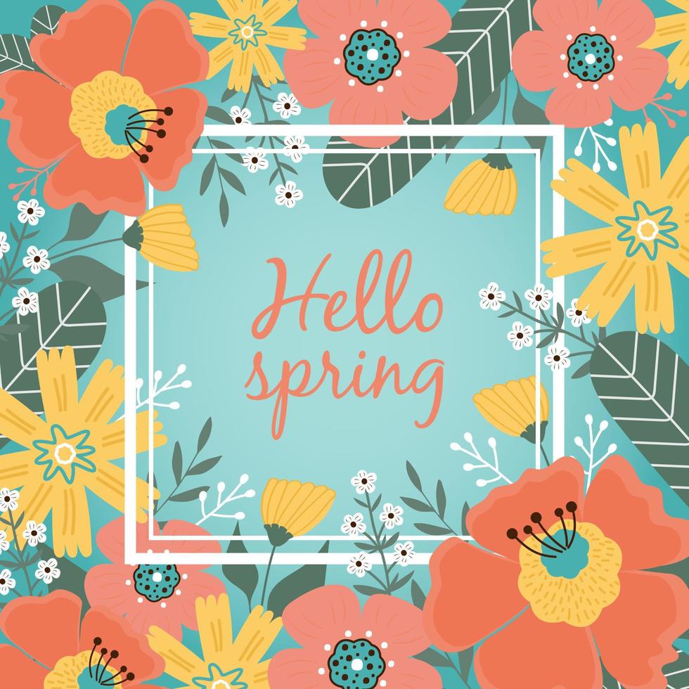 Hallo de lente. voorjaar bloemen, bladeren. banier, ansichtkaart, poster. vector