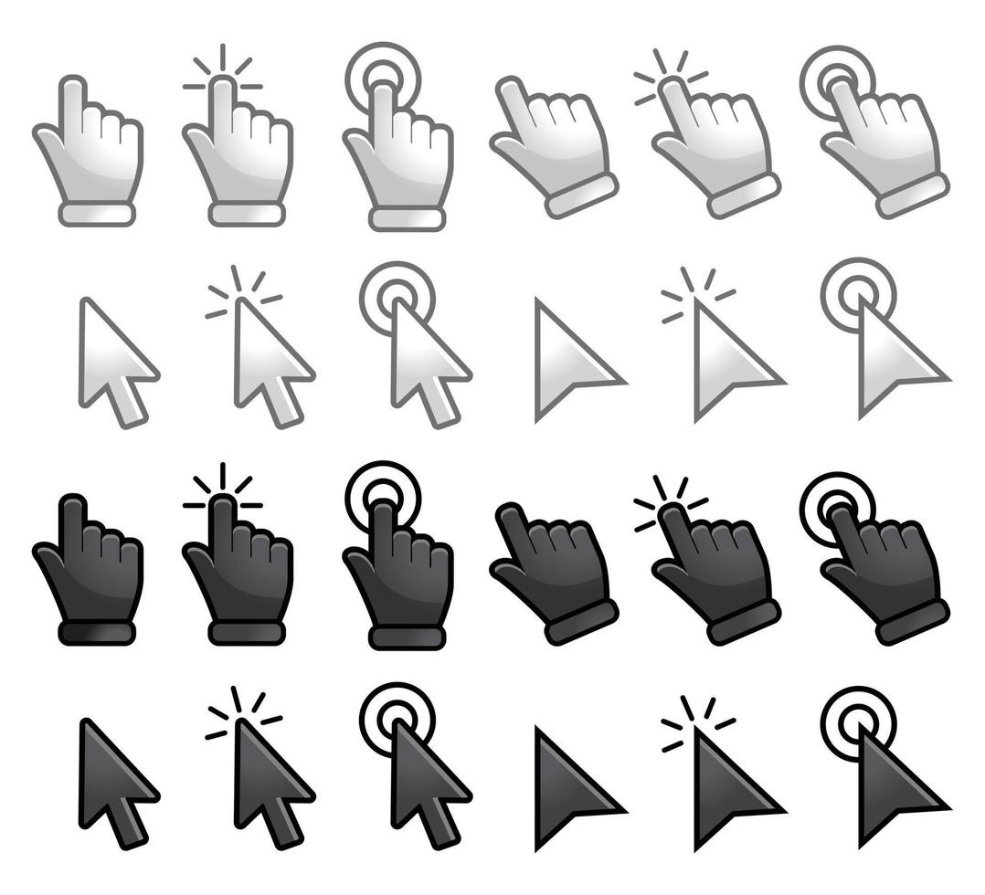 computer muis klik cursor grijze pijl pictogrammen instellen en laden pictogrammen. cursorpictogram. vectorillustratie. muisklik cursor collectie. vector