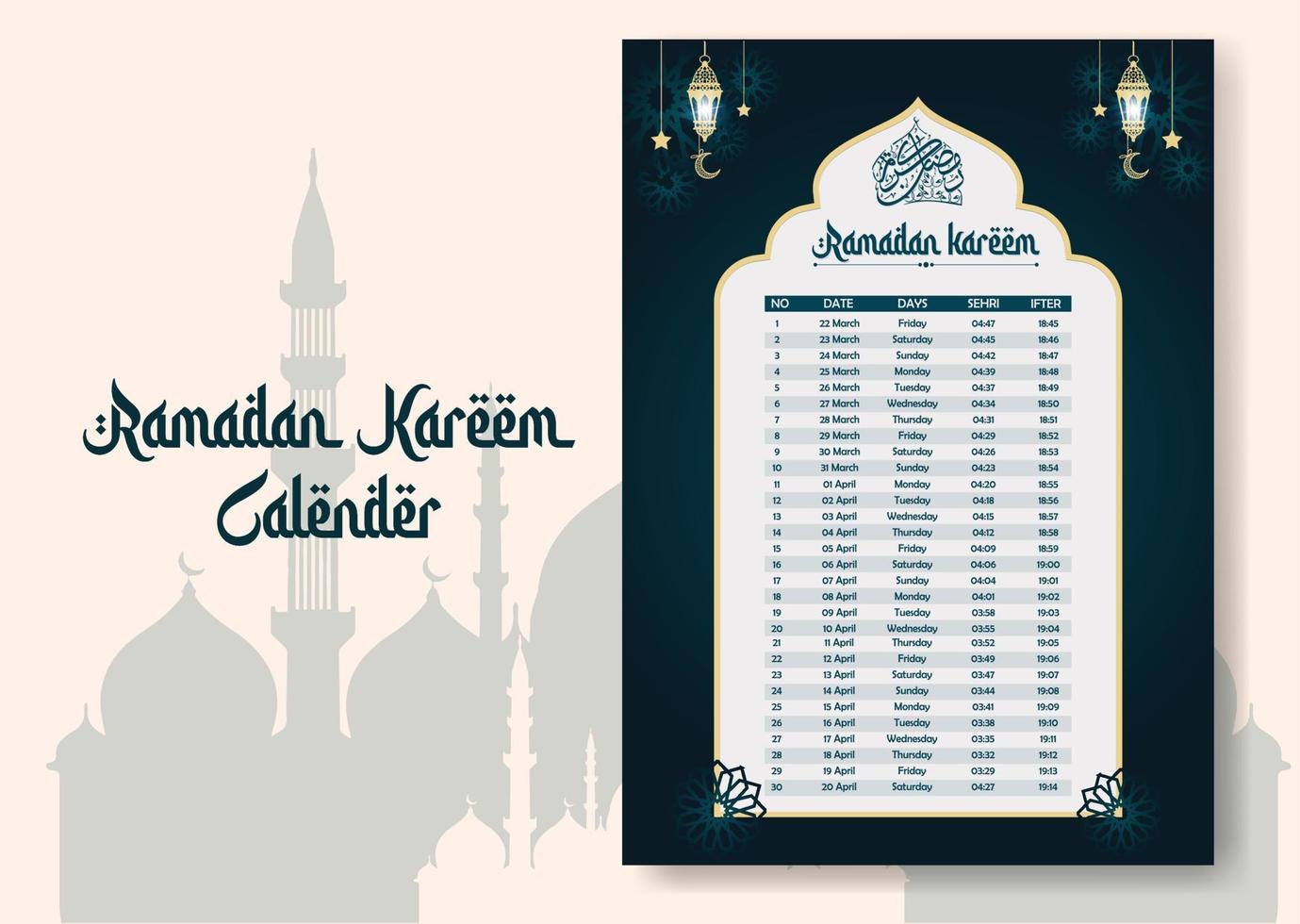 Ramadan tijd kalender 2023 met gebed keer in Ramadan. Ramadan schema - vasten, iftar, en gebed rooster. Islamitisch achtergrond ontwerp met moskee en lamp. vector