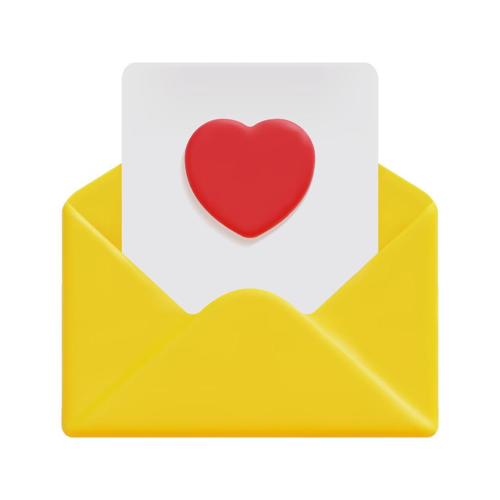 3d mail envelop met brief en hart icoon vector. geïsoleerd Aan wit achtergrond. 3d liefde, bruiloft en Valentijn dag concept. tekenfilm minimaal stijl. 3d e-mail icoon vector geven illustratie.