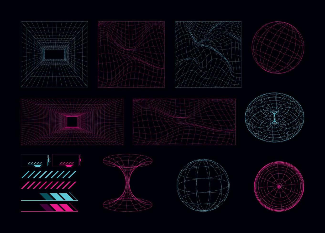 meetkundig retro wireframe 3d vormen, futuristische en cyberpunk rooster elementen met enthousiast stijl, abstract achtergrond met gloeiend neon lichten vector