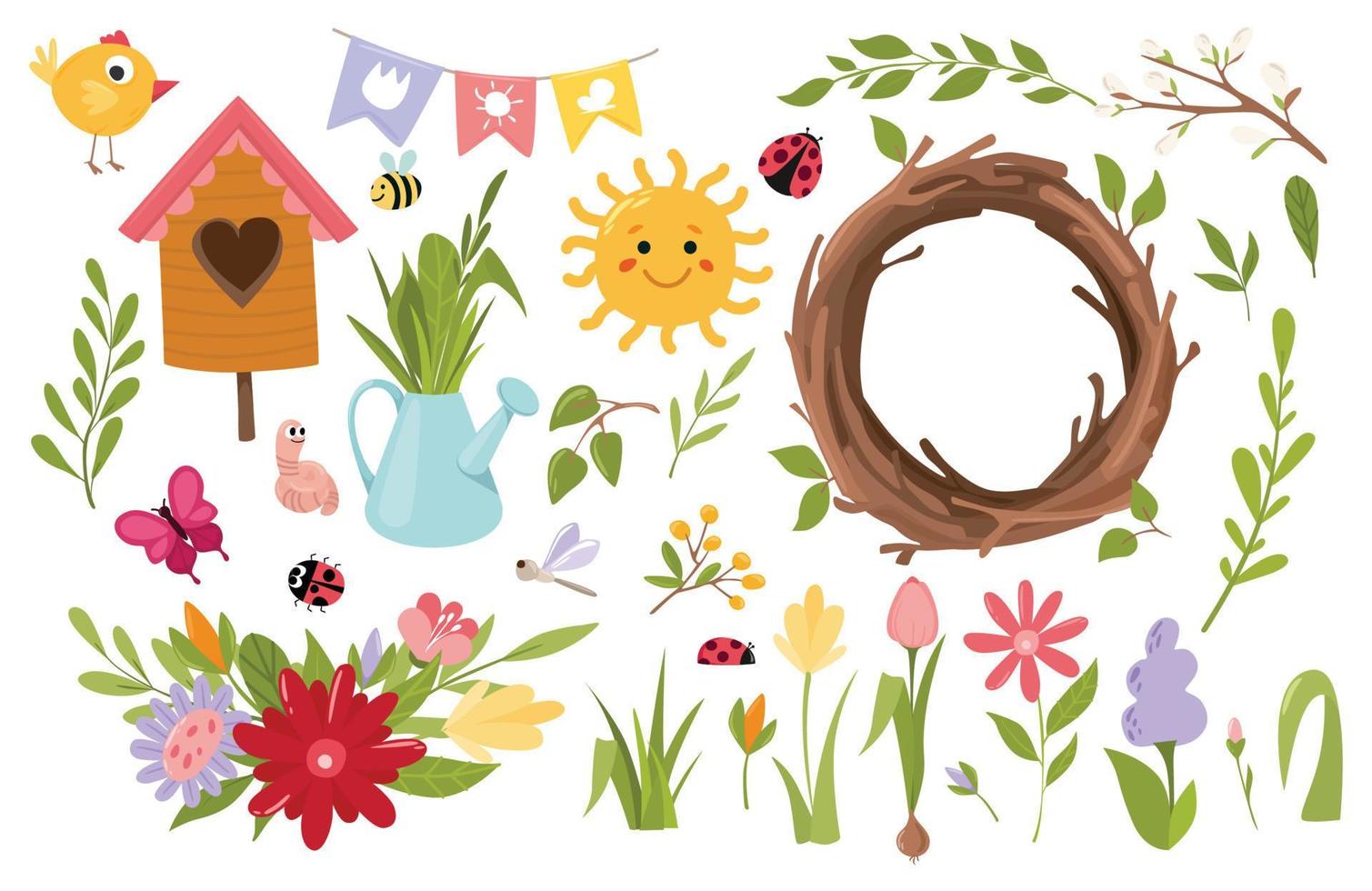 voorjaar set, voorjaar schattig voorjaar bloem boeket, vogel kransen, voor afdrukbare kaart, poster, label, label, uitnodiging, sticker, vector illustratie.