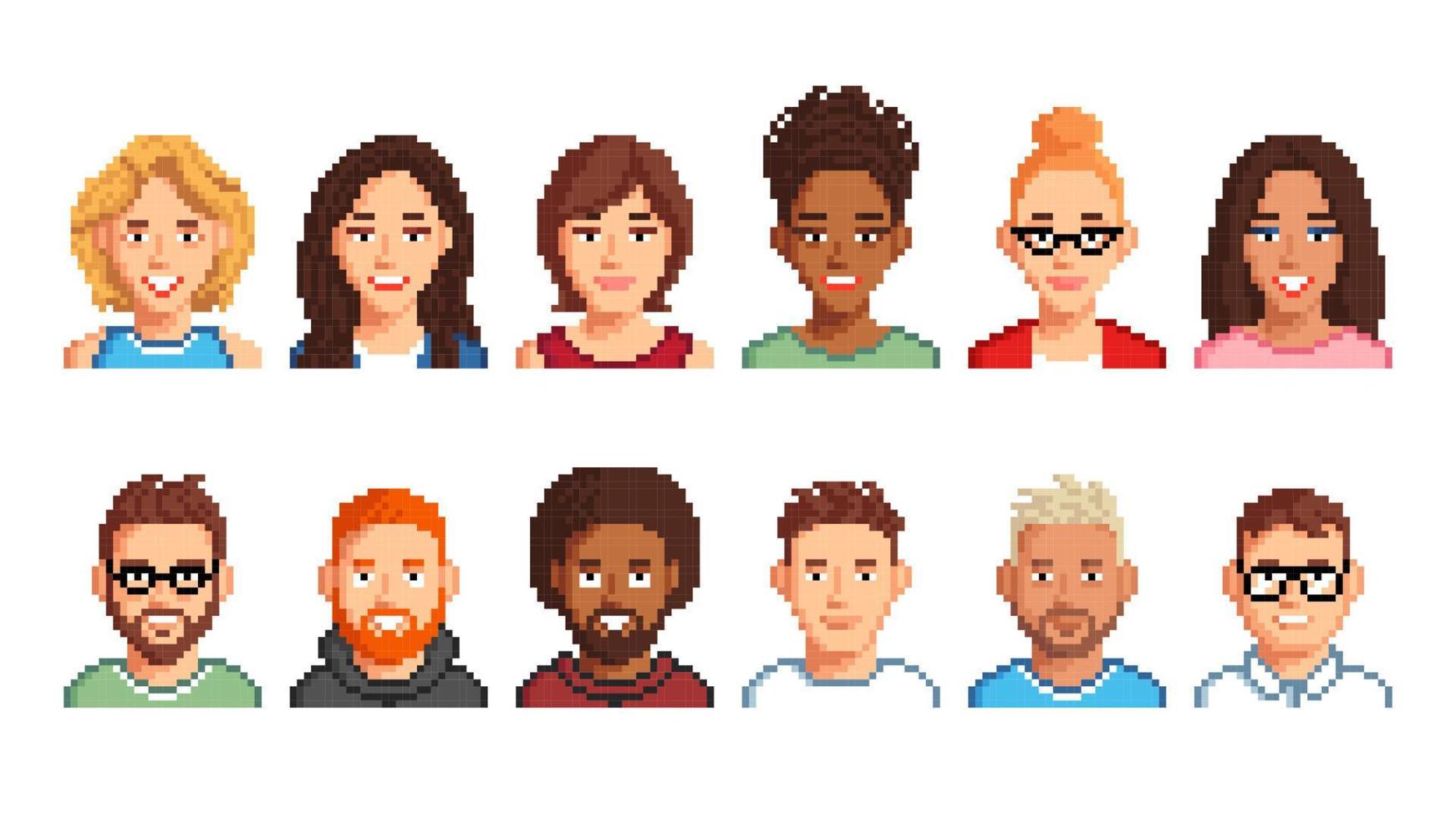 avatar pixel karakters, jeugd mannen en Dames pictogrammen vector