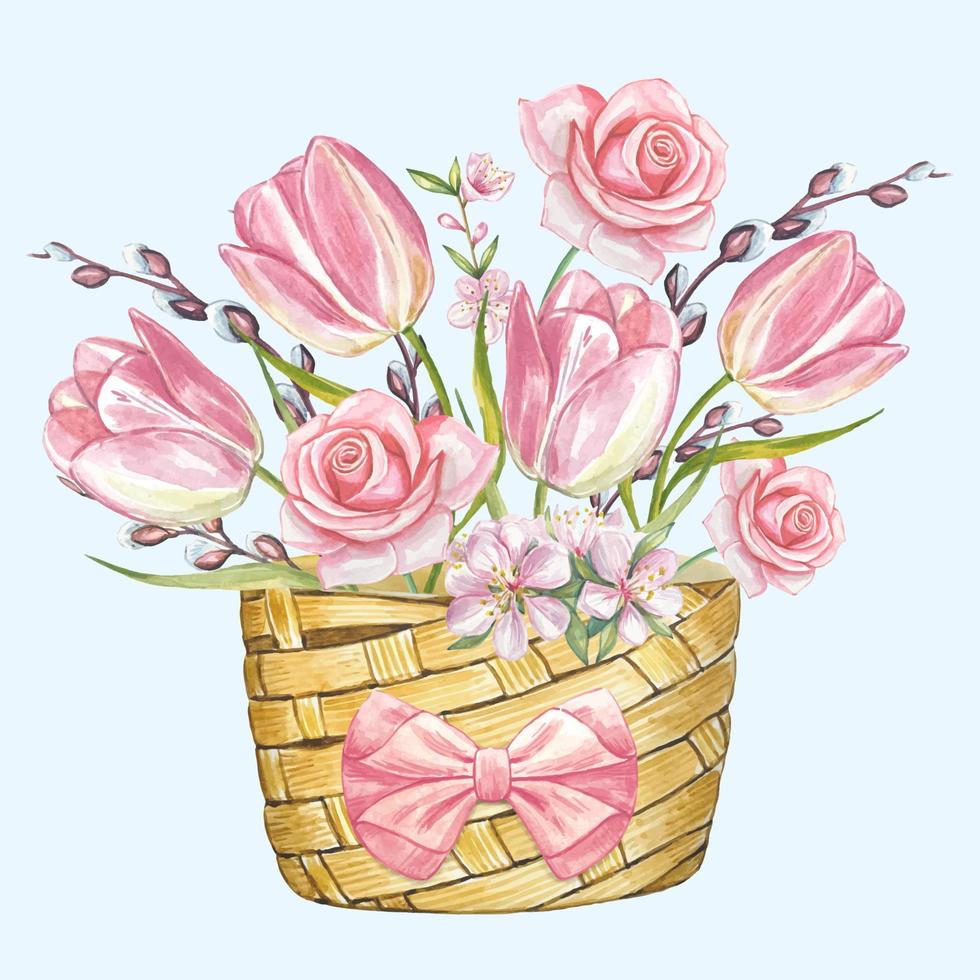 voorjaar vector samenstelling met roze tulpen en rozen in een mand. waterverf