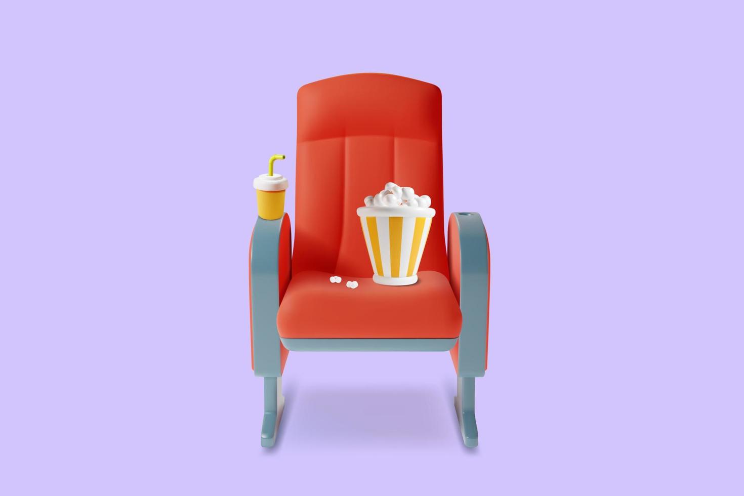 3d rood bioscoop stoel met drinken en popcorn plasticine tekenfilm stijl. vector