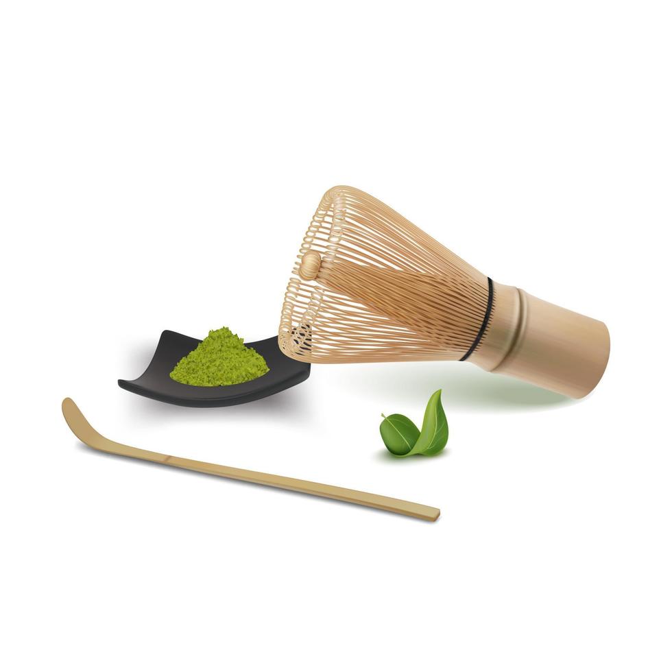 realistisch gedetailleerd 3d matcha poeder Aan zwart bord, chashaku en bamboe vliegenmepper Japans thee concept. vector