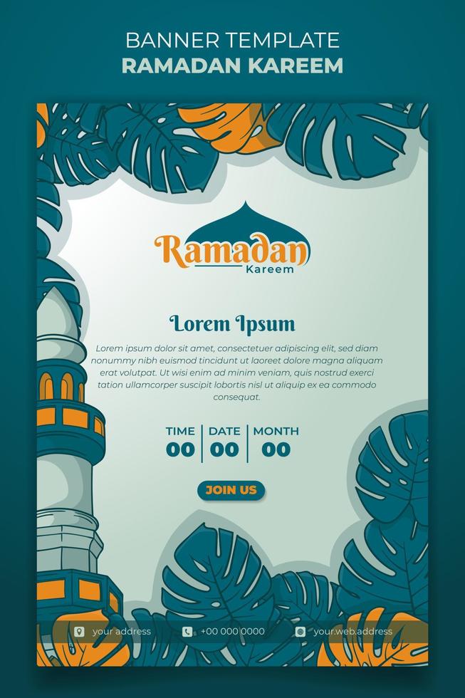 Ramadan kareem banier sjabloon met monstera bladeren en moskee minaret in hand- getrokken ontwerp vector