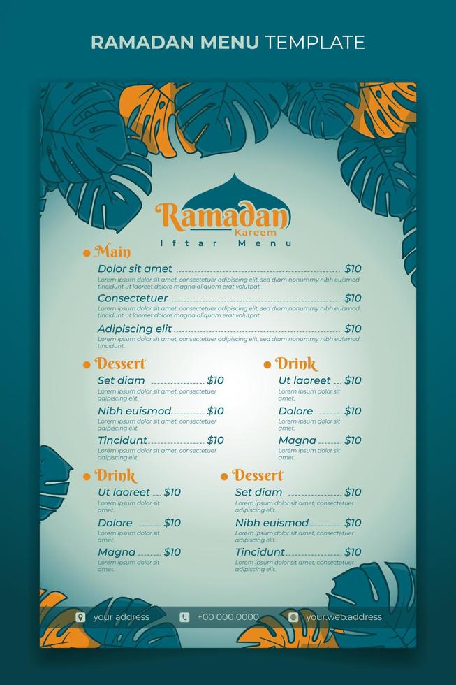 voedsel menu sjabloon met monstera bladeren achtergrond in hand- getrokken ontwerp voor Ramadan iftar partij vector